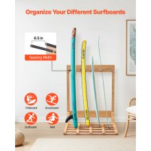 VEVOR Supporto Verticale per Tavole da Surf, Supporto per Tavole da Surf in Legno a 4 Livelli per Riporre ed Esporre, Organizzatore Indipendente, per Wakeboard, Snowboard e Sci, Legno Naturale