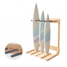 VEVOR Supporto Verticale per Tavole da Surf, Supporto per Tavole da Surf in Legno a 4 Livelli per Riporre ed Esporre, Organizzatore Indipendente, per Wakeboard, Snowboard e Sci, Legno Naturale