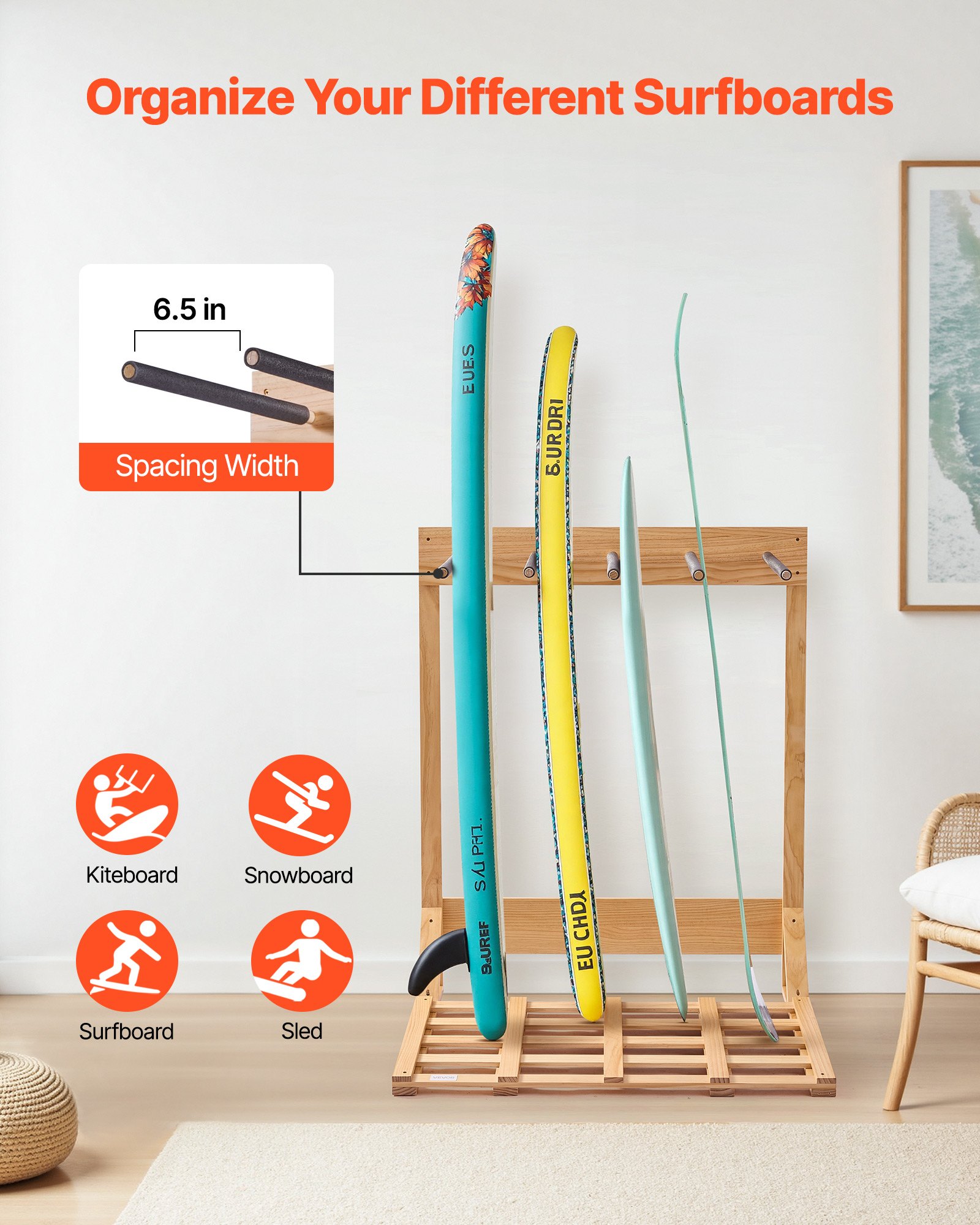 VEVOR Supporto Verticale per Tavole da Surf, Supporto per Tavole da Surf in Legno a 4 Livelli per Riporre ed Esporre, Organizzatore Indipendente, per Wakeboard, Snowboard e Sci, Legno Naturale