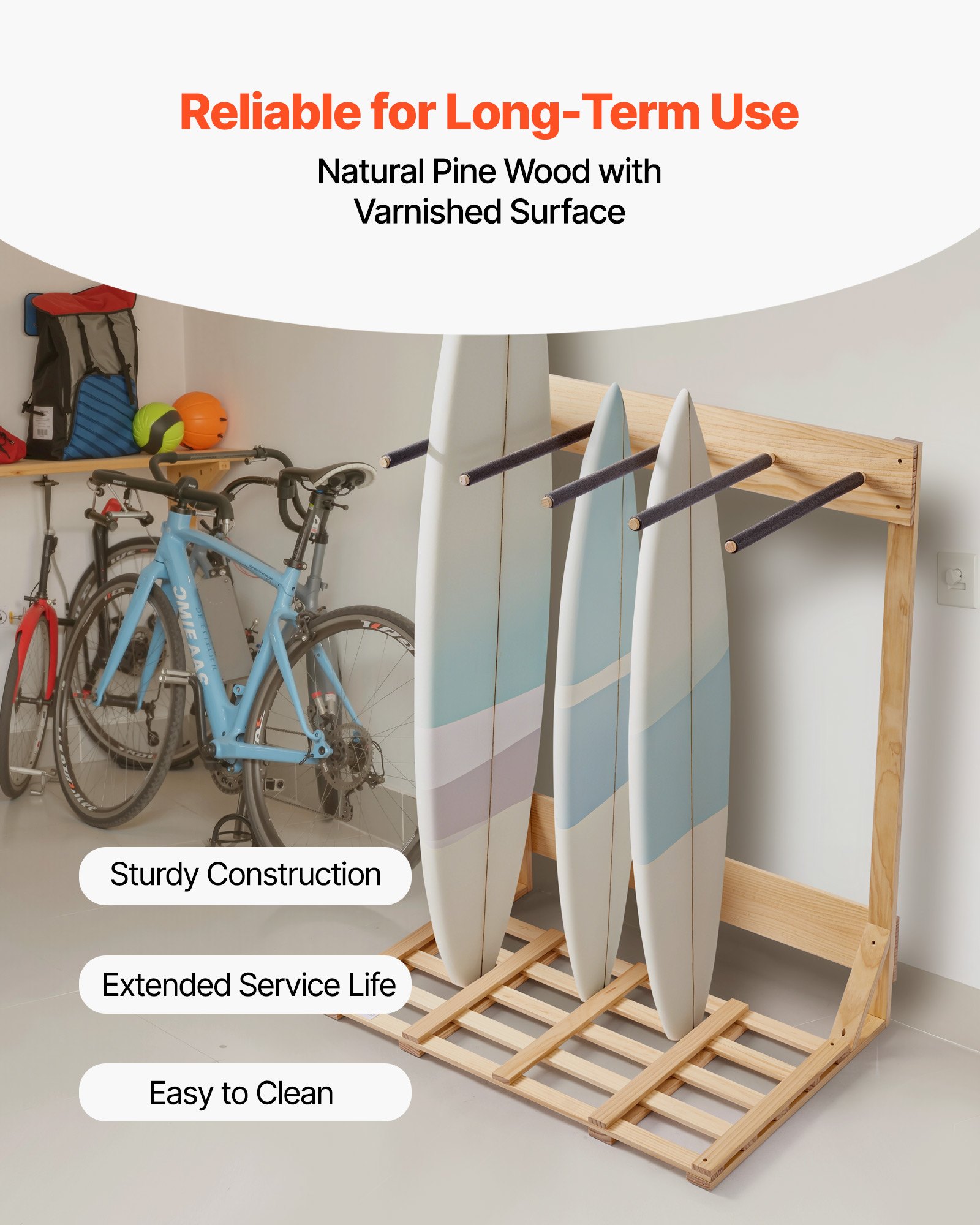 VEVOR Supporto Verticale per Tavole da Surf, Supporto per Tavole da Surf in Legno a 4 Livelli per Riporre ed Esporre, Organizzatore Indipendente, per Wakeboard, Snowboard e Sci, Legno Naturale