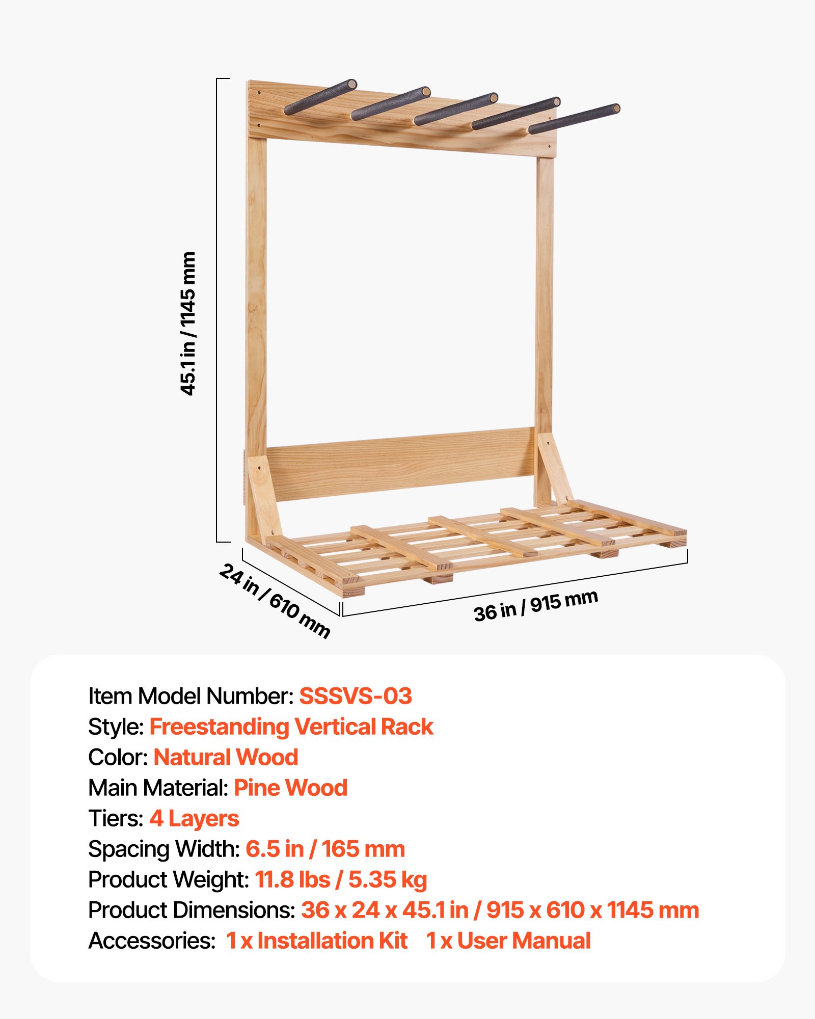 VEVOR Supporto Verticale per Tavole da Surf, Supporto per Tavole da Surf in Legno a 4 Livelli per Riporre ed Esporre, Organizzatore Indipendente, per Wakeboard, Snowboard e Sci, Legno Naturale
