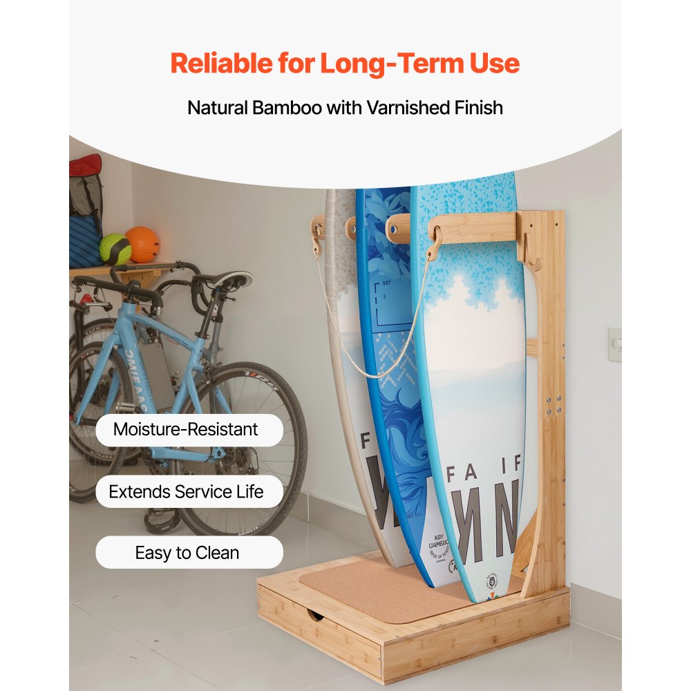 VEVOR Supporto Verticale per Tavole da Surf, Supporto per Tavole da Surf in Legno a 3 Livelli per Riporre ed Esporre, Organizzatore Indipendente con Ganci in Legno, Imbottitura in Sughero e Cassetti