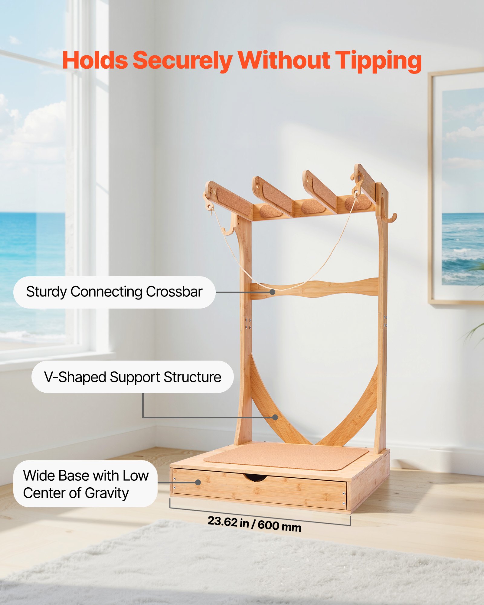 VEVOR Vertical Surfboard Stand, 3 Tiers Wooden Surfboard Rack for Storage and Display, Freestanding Board Stand Organizer with Hanging Hooks & Cork Padding, for Wakeboards, Snowboards, Kiteboards