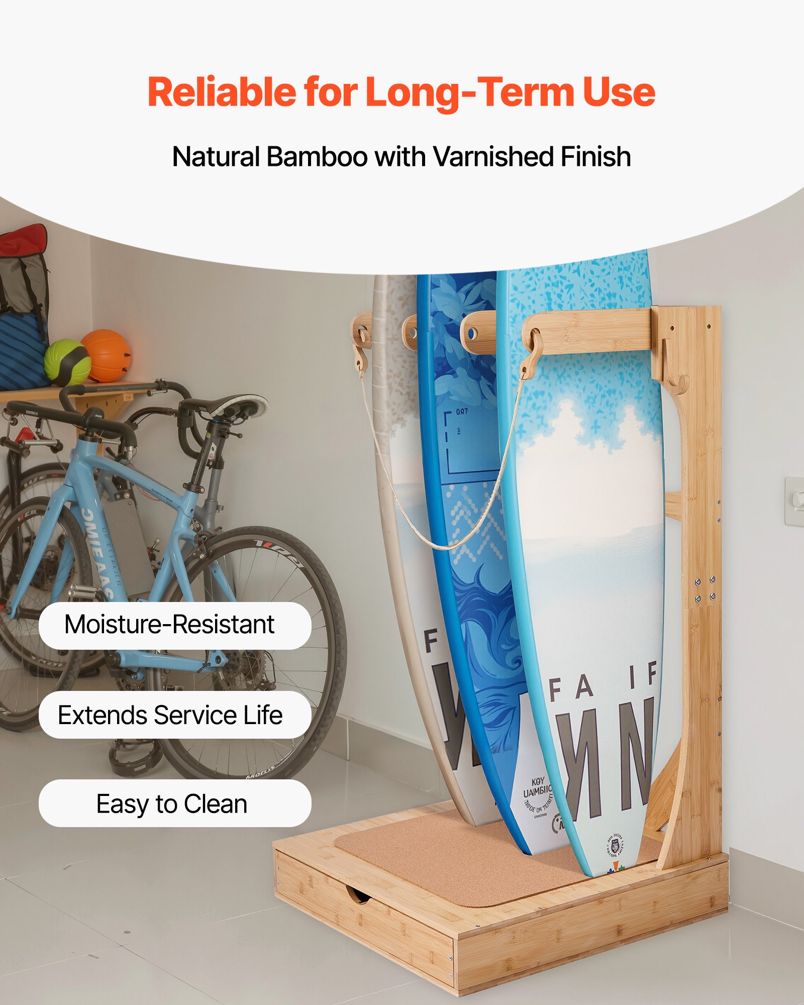 VEVOR Vertical Surfboard Stand, 3 Tiers Wooden Surfboard Rack for Storage and Display, Freestanding Board Stand Organizer with Hanging Hooks & Cork Padding, for Wakeboards, Snowboards, Kiteboards