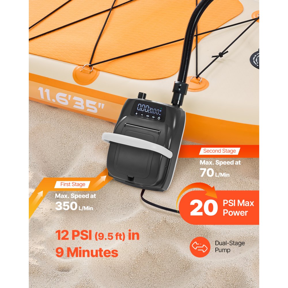 VEVOR Paddleboard Pump (20 PSI) Two-stage electric SUP air pump with automatic shut-off & 12V DC connection, inflates & deflates, ideal for inflatable paddleboards, tents, and mattresses