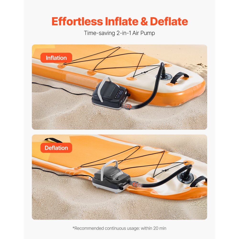 VEVOR Paddleboard Pump (20 PSI) Two-stage electric SUP air pump with automatic shut-off & 12V DC connection, inflates & deflates, ideal for inflatable paddleboards, tents, and mattresses