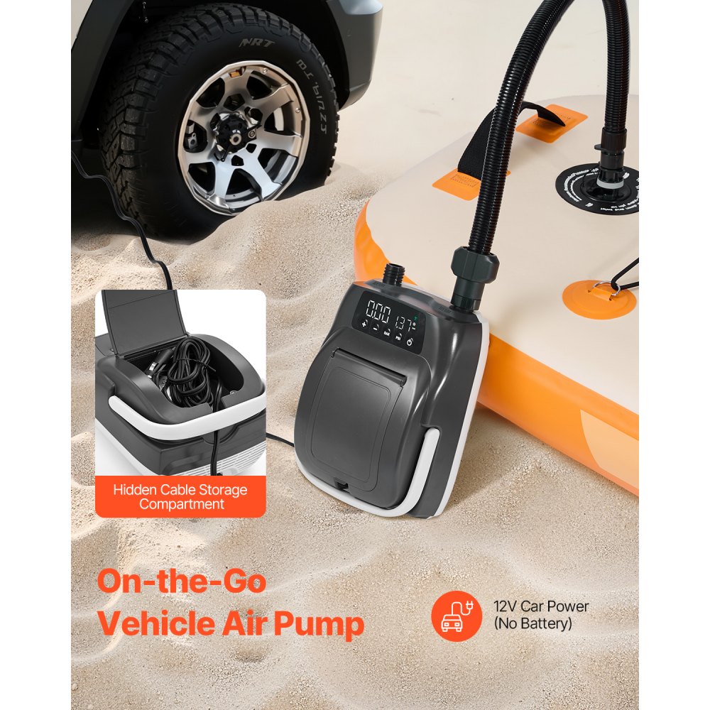 VEVOR Paddleboard Pump (20 PSI) Two-stage electric SUP air pump with automatic shut-off & 12V DC connection, inflates & deflates, ideal for inflatable paddleboards, tents, and mattresses
