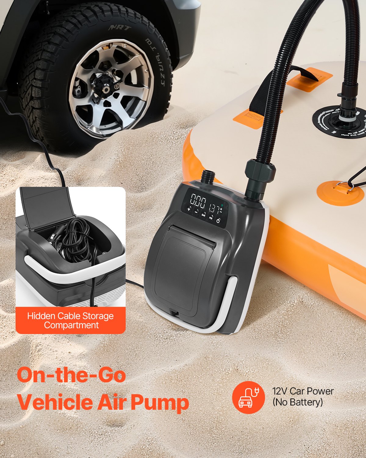 VEVOR Paddleboard Pump (20 PSI) Two-stage electric SUP air pump with automatic shut-off & 12V DC connection, inflates & deflates, ideal for inflatable paddleboards, tents, and mattresses