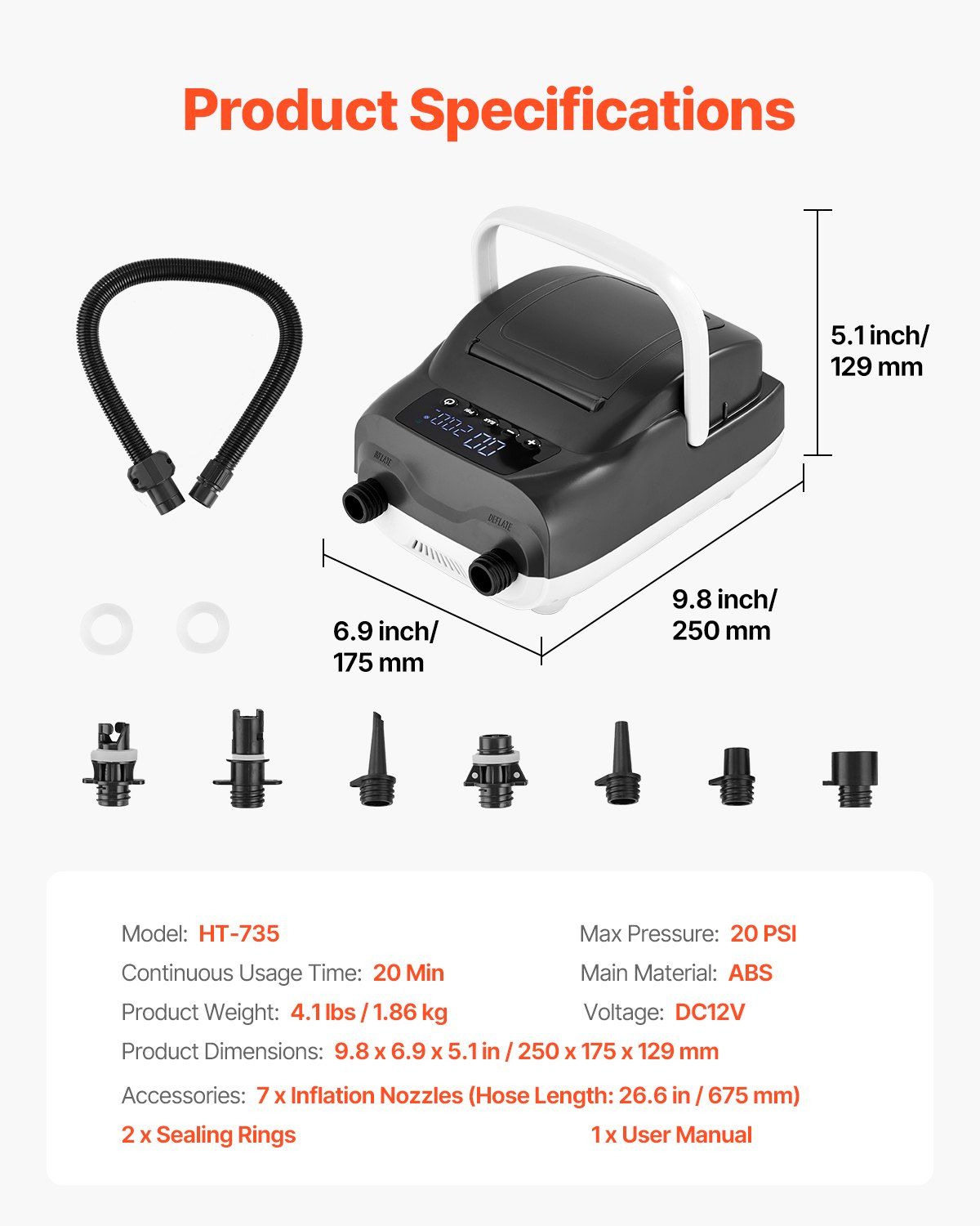 VEVOR Paddleboard Pump (20 PSI) Two-stage electric SUP air pump with automatic shut-off & 12V DC connection, inflates & deflates, ideal for inflatable paddleboards, tents, and mattresses