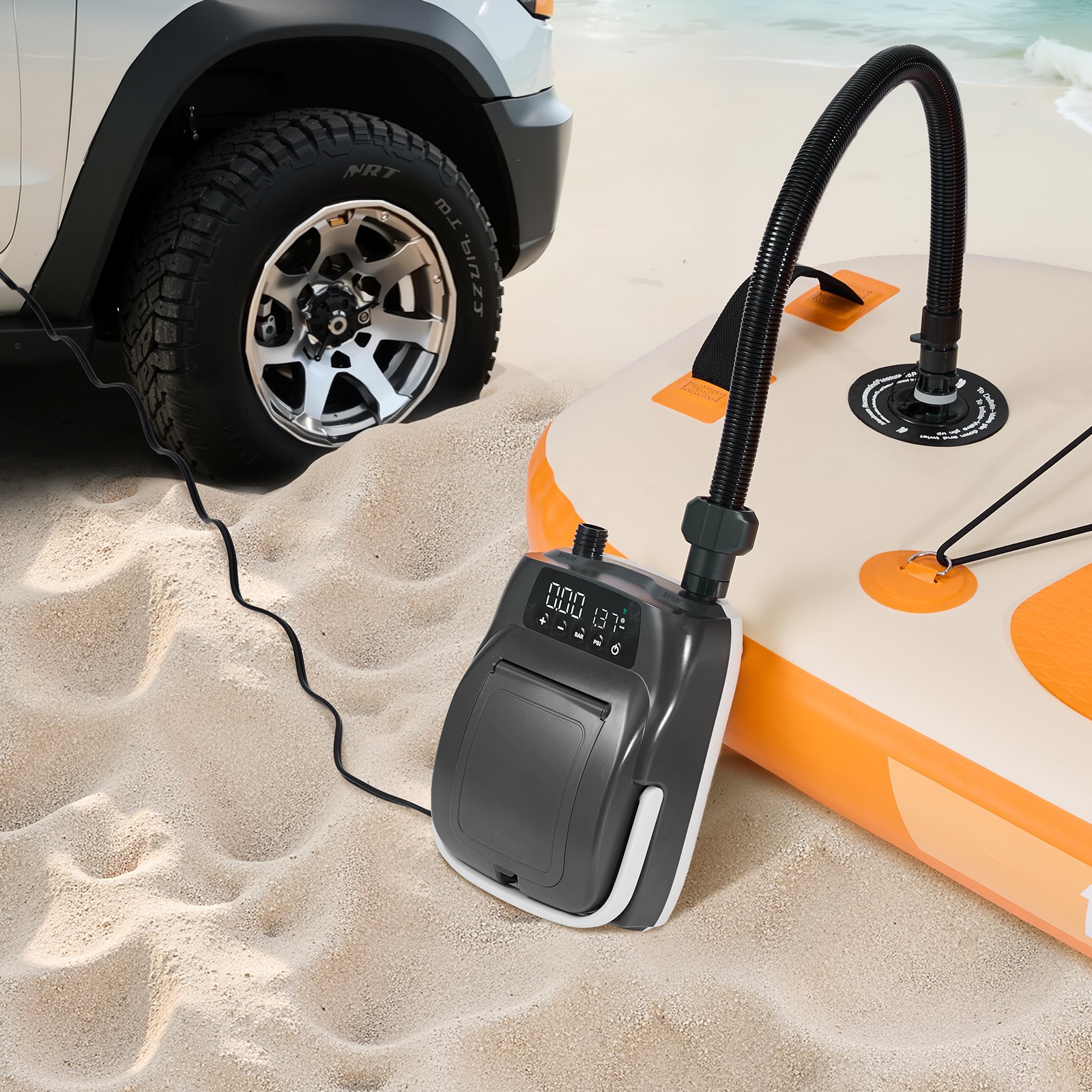 VEVOR Paddleboard Pump (20 PSI) Two-stage electric SUP air pump with automatic shut-off & 12V DC connection, inflates & deflates, ideal for inflatable paddleboards, tents, and mattresses
