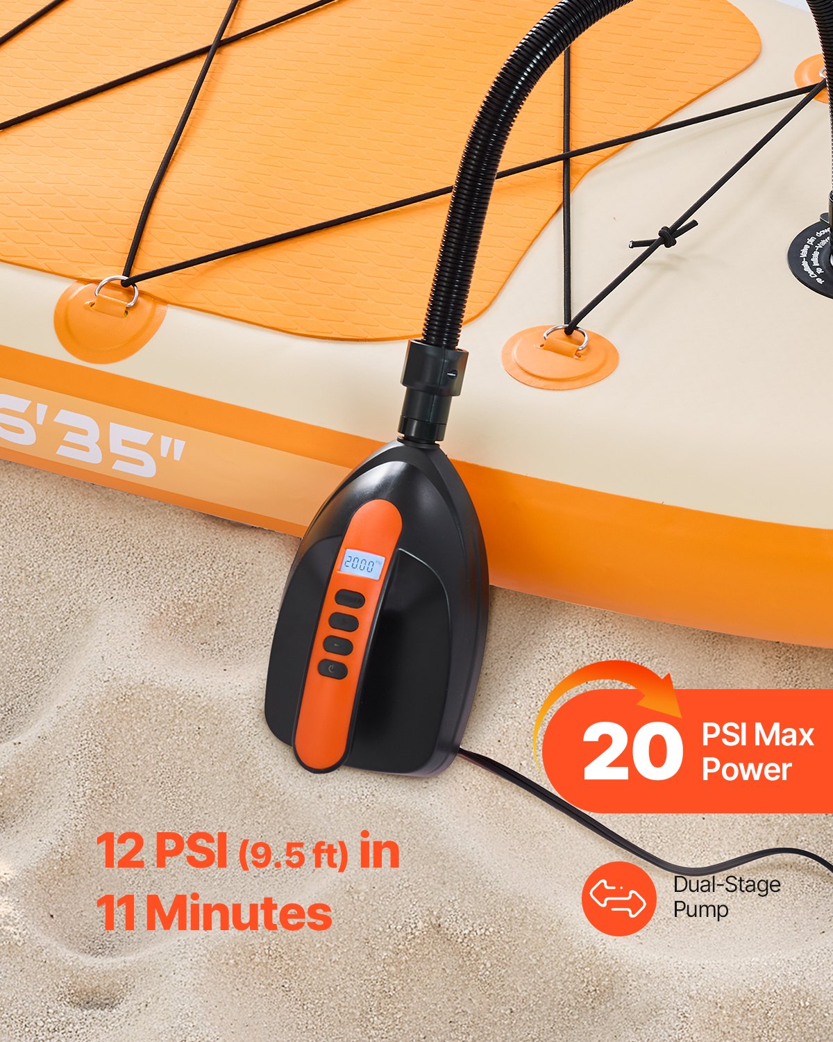 VEVOR Pompa per SUP ad Alta Pressione, Pompa ad Aria SUP, Velocità di Gonfiaggio di 70 L/min con Spegnimento Automatico e Connettore per Auto a 12 V CC, per Paddle Board Gonfiabili e Materassini