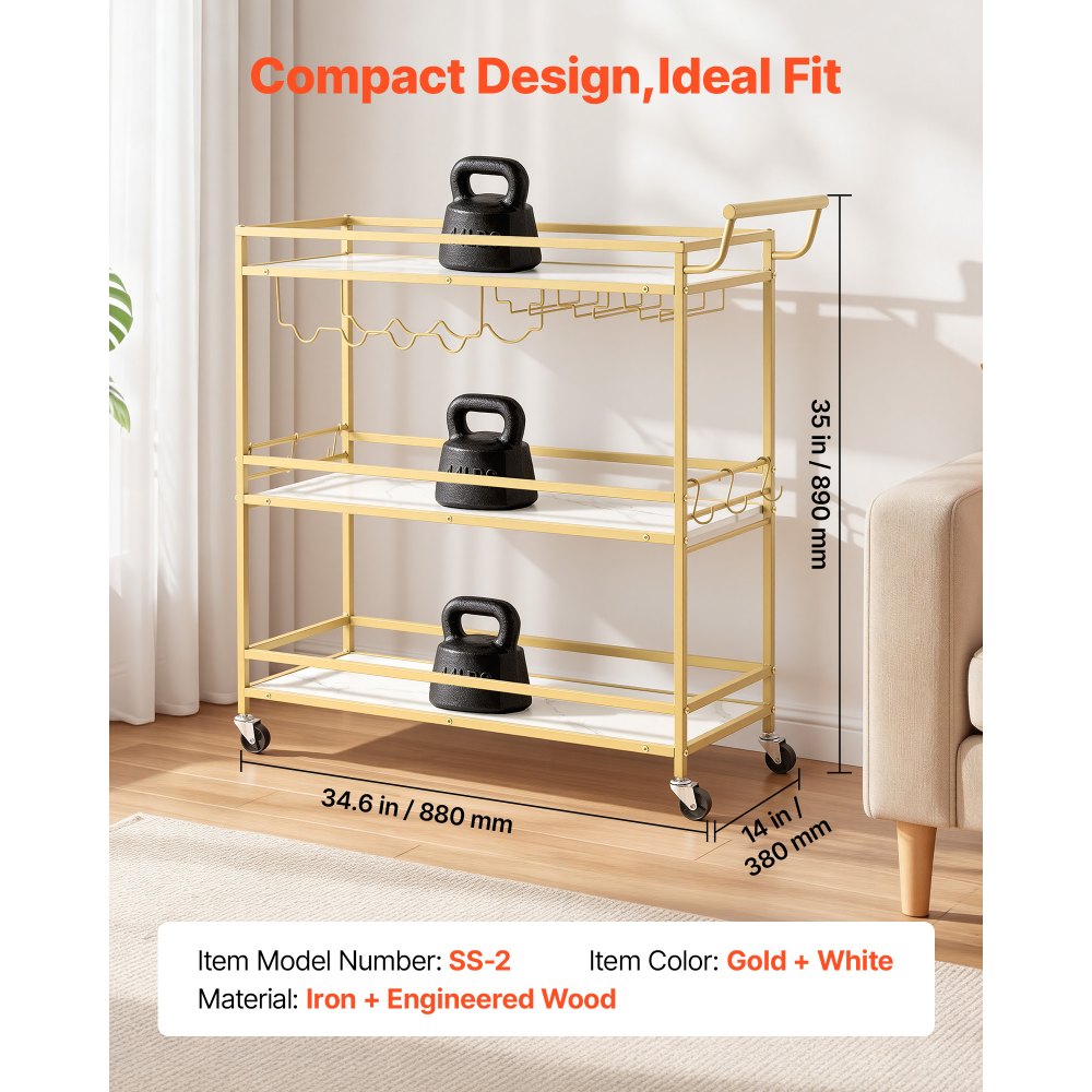 VEVOR Carrello di Servizio da Bar, Carrello da Bar Domestico 3 Ripiani Multiuso Porta Bevande Portabottiglie Portabicchieri 910 x 330x 935 mm, Ripiano in Legno Carico Singolo 20 kg, Colore Dorato