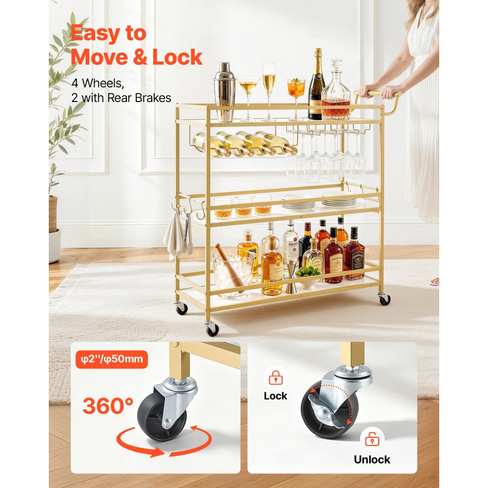 VEVOR Carrello di Servizio da Bar, Carrello da Bar Domestico 3 Ripiani Multiuso Porta Bevande Portabottiglie Portabicchieri 910 x 330x 935 mm, Ripiano in Legno Carico Singolo 20 kg, Colore Dorato