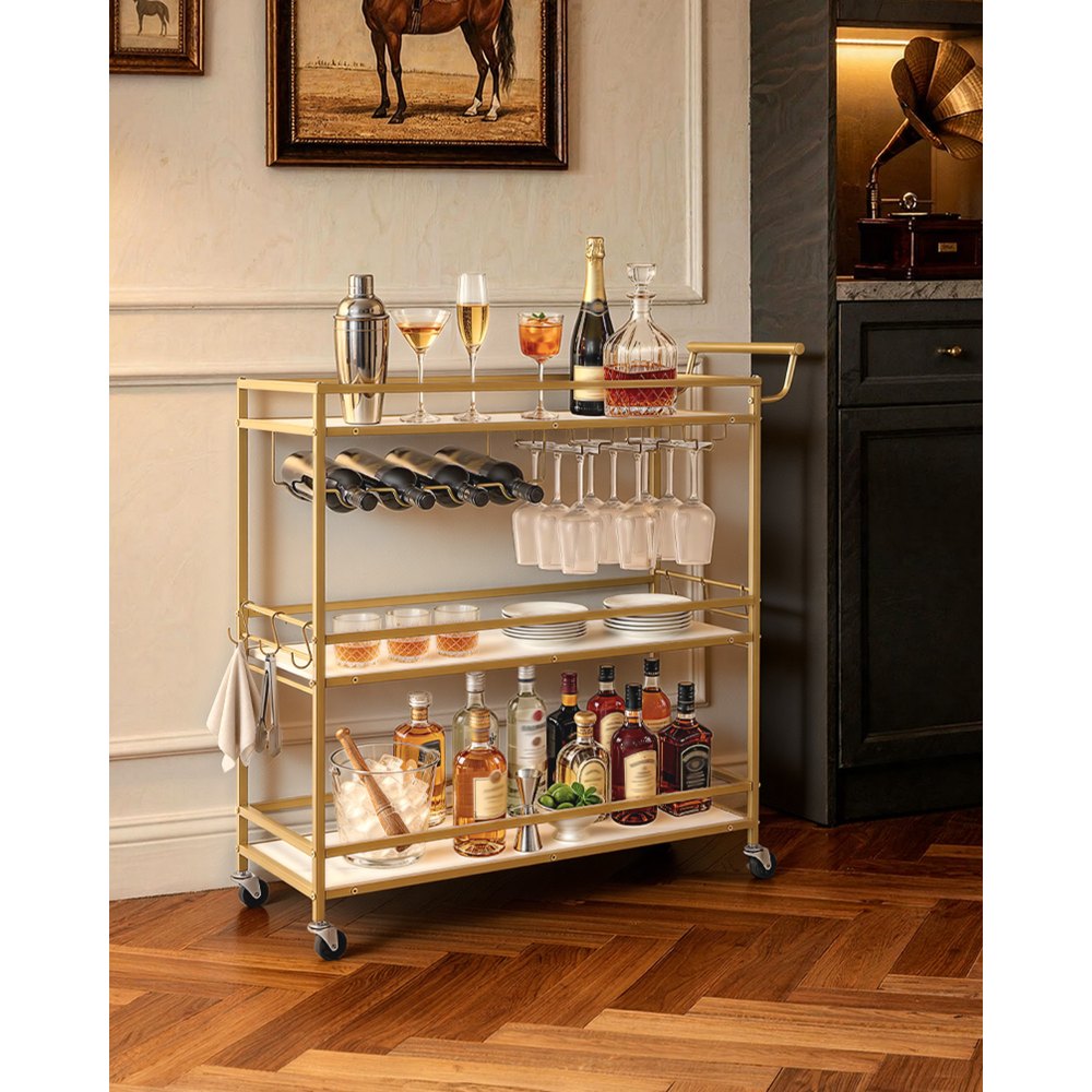 VEVOR Carrello di Servizio da Bar, Carrello da Bar Domestico 3 Ripiani Multiuso Porta Bevande Portabottiglie Portabicchieri 910 x 330x 935 mm, Ripiano in Legno Carico Singolo 20 kg, Colore Dorato