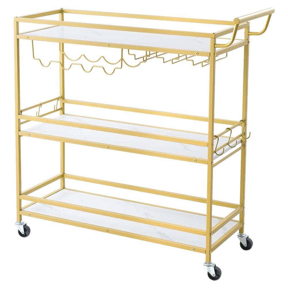 VEVOR Carrello di Servizio da Bar, Carrello da Bar Domestico 3 Ripiani Multiuso Porta Bevande Portabottiglie Portabicchieri 910 x 330x 935 mm, Ripiano in Legno Carico Singolo 20 kg, Colore Dorato