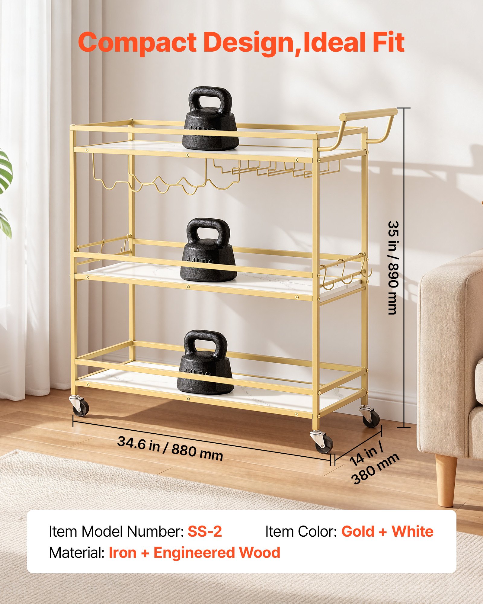 VEVOR Carrello di Servizio da Bar, Carrello da Bar Domestico 3 Ripiani Multiuso Porta Bevande Portabottiglie Portabicchieri 910 x 330x 935 mm, Ripiano in Legno Carico Singolo 20 kg, Colore Dorato