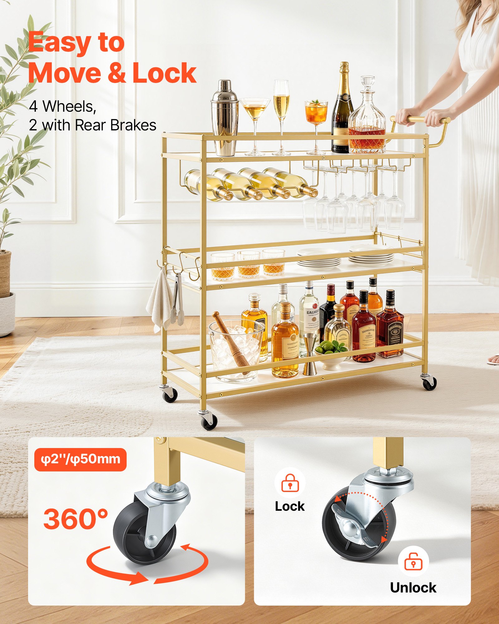 VEVOR Carrello di Servizio da Bar, Carrello da Bar Domestico 3 Ripiani Multiuso Porta Bevande Portabottiglie Portabicchieri 910 x 330x 935 mm, Ripiano in Legno Carico Singolo 20 kg, Colore Dorato
