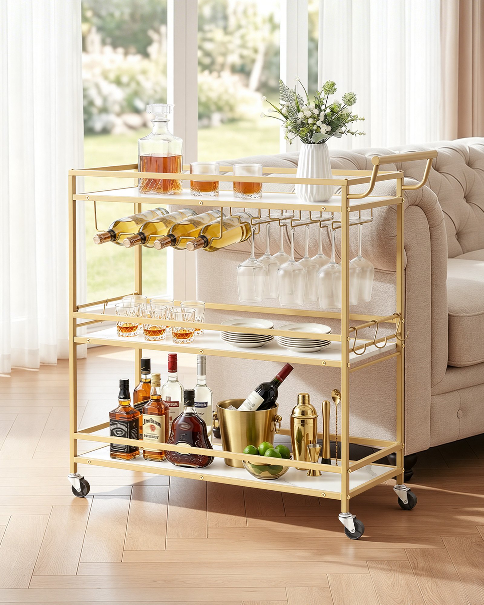 VEVOR Carrello di Servizio da Bar, Carrello da Bar Domestico 3 Ripiani Multiuso Porta Bevande Portabottiglie Portabicchieri 910 x 330x 935 mm, Ripiano in Legno Carico Singolo 20 kg, Colore Dorato
