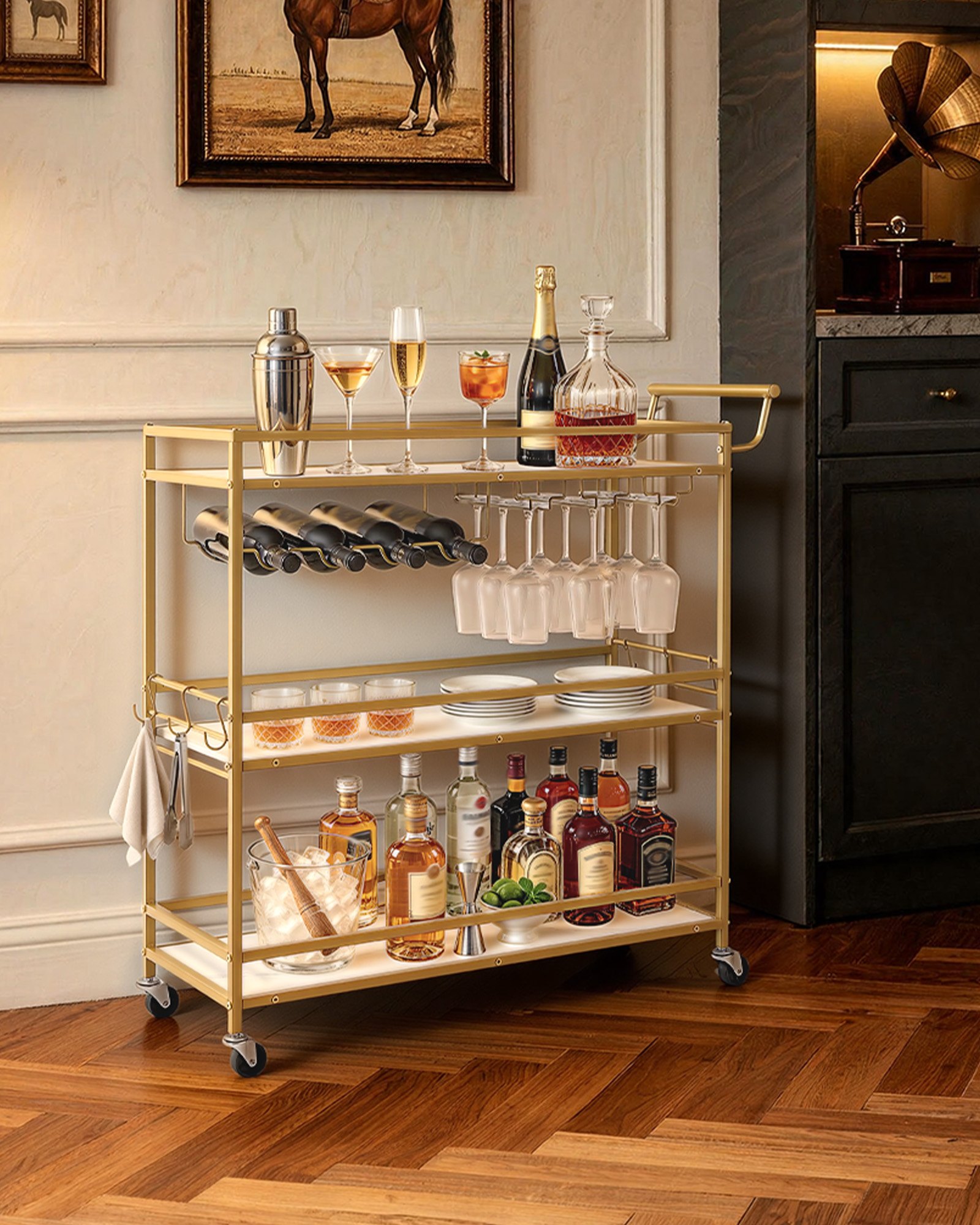 VEVOR Carrello di Servizio da Bar, Carrello da Bar Domestico 3 Ripiani Multiuso Porta Bevande Portabottiglie Portabicchieri 910 x 330x 935 mm, Ripiano in Legno Carico Singolo 20 kg, Colore Dorato