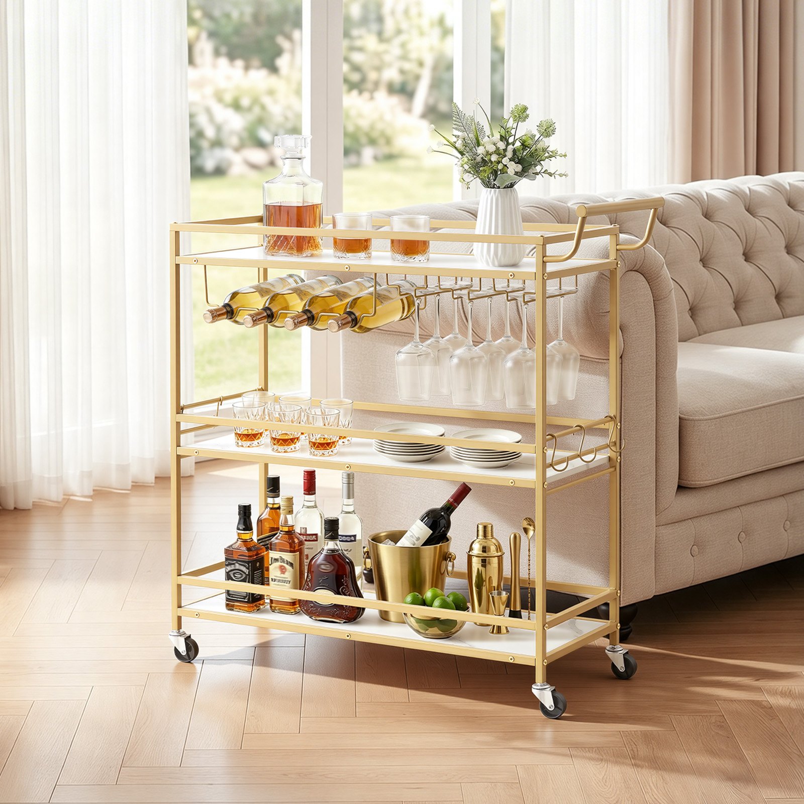 VEVOR Carrello di Servizio da Bar, Carrello da Bar Domestico 3 Ripiani Multiuso Porta Bevande Portabottiglie Portabicchieri 910 x 330x 935 mm, Ripiano in Legno Carico Singolo 20 kg, Colore Dorato