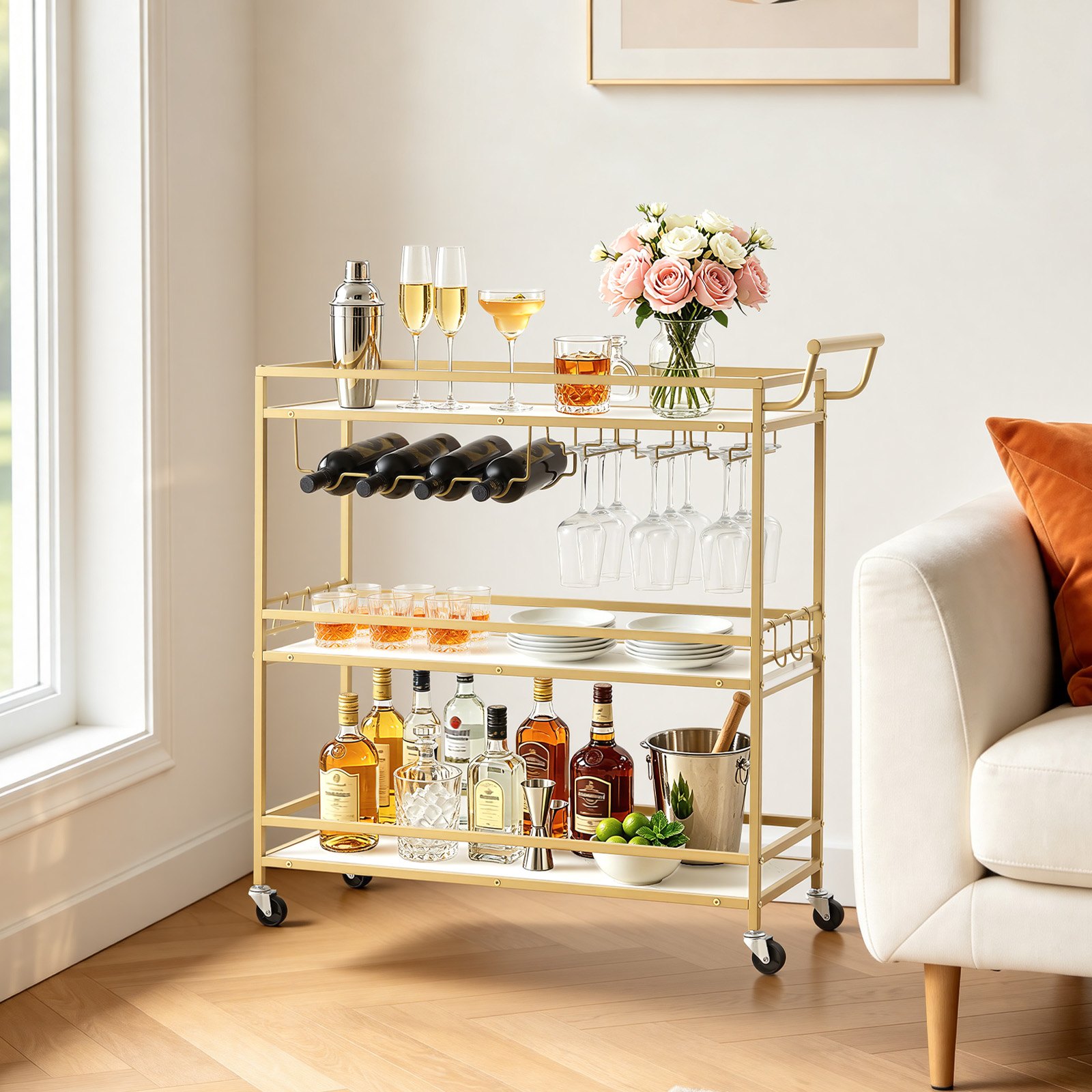 VEVOR Carrello di Servizio da Bar, Carrello da Bar Domestico 3 Ripiani Multiuso Porta Bevande Portabottiglie Portabicchieri 910 x 330x 935 mm, Ripiano in Legno Carico Singolo 20 kg, Colore Dorato