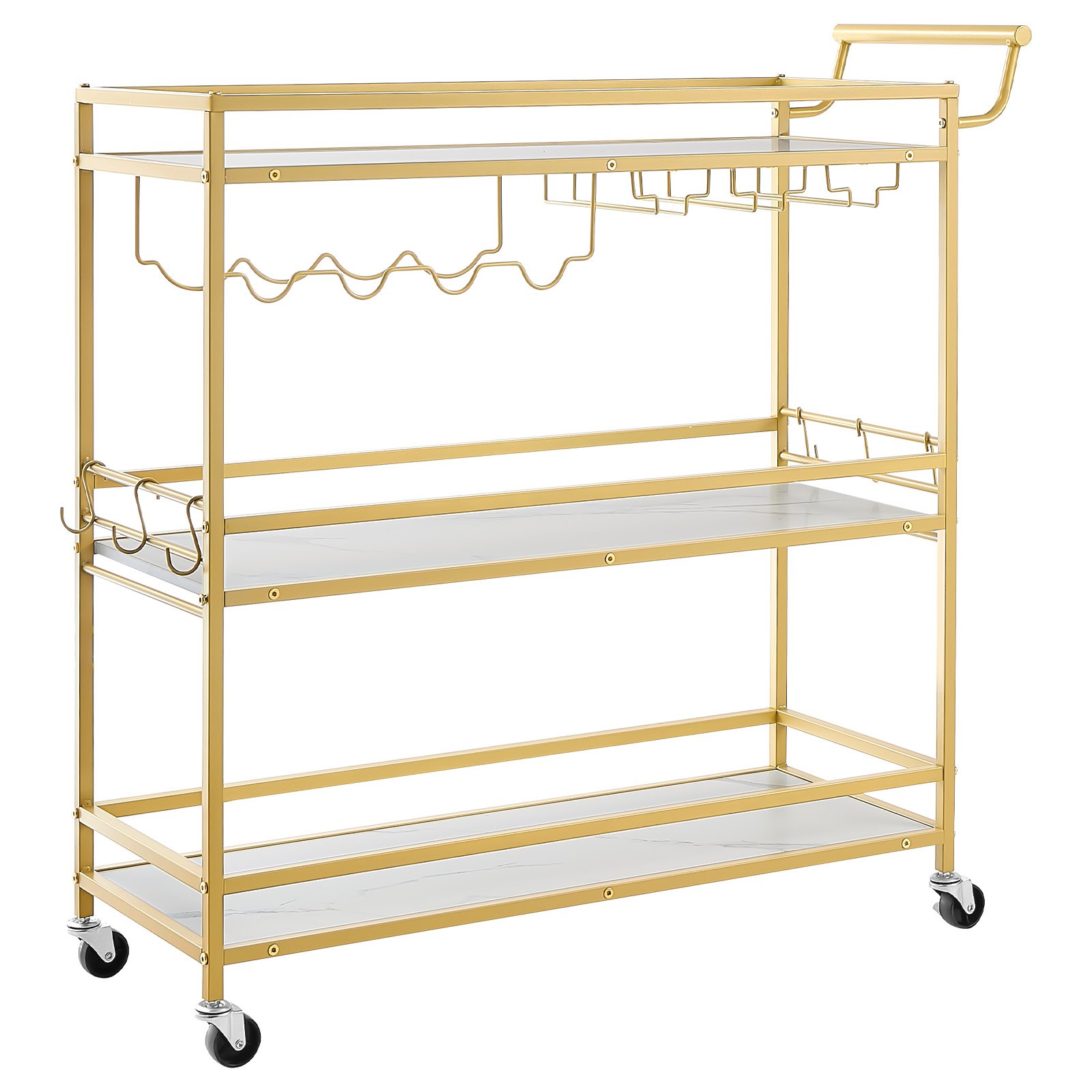 VEVOR Carrello di Servizio da Bar, Carrello da Bar Domestico 3 Ripiani Multiuso Porta Bevande Portabottiglie Portabicchieri 910 x 330x 935 mm, Ripiano in Legno Carico Singolo 20 kg, Colore Dorato