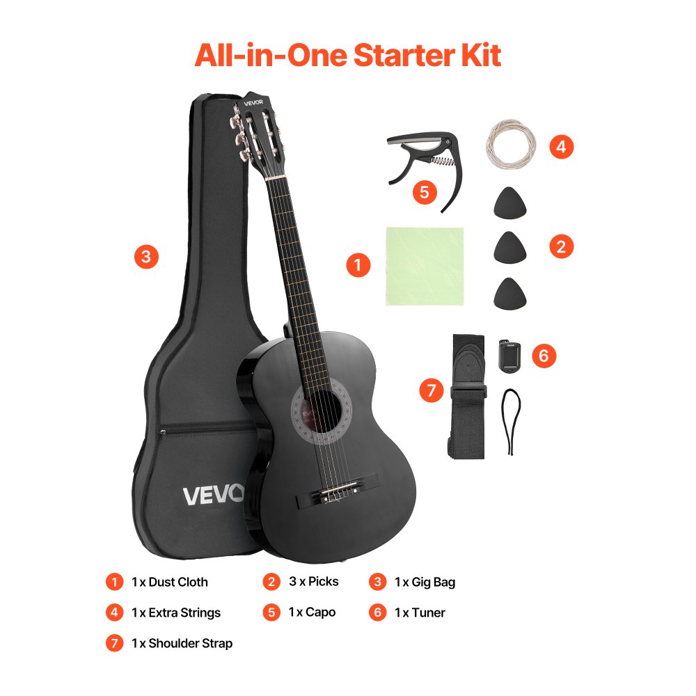 VEVOR Chitarra Classica, 960 mm, in Legno per Principianti, con Corde in Nylon, Custodia Morbida, Tracolla, Accordatore, Corde Extra, Plettri, Capotasto, Tiglio, per Adolescenti, Adulti, Nero
