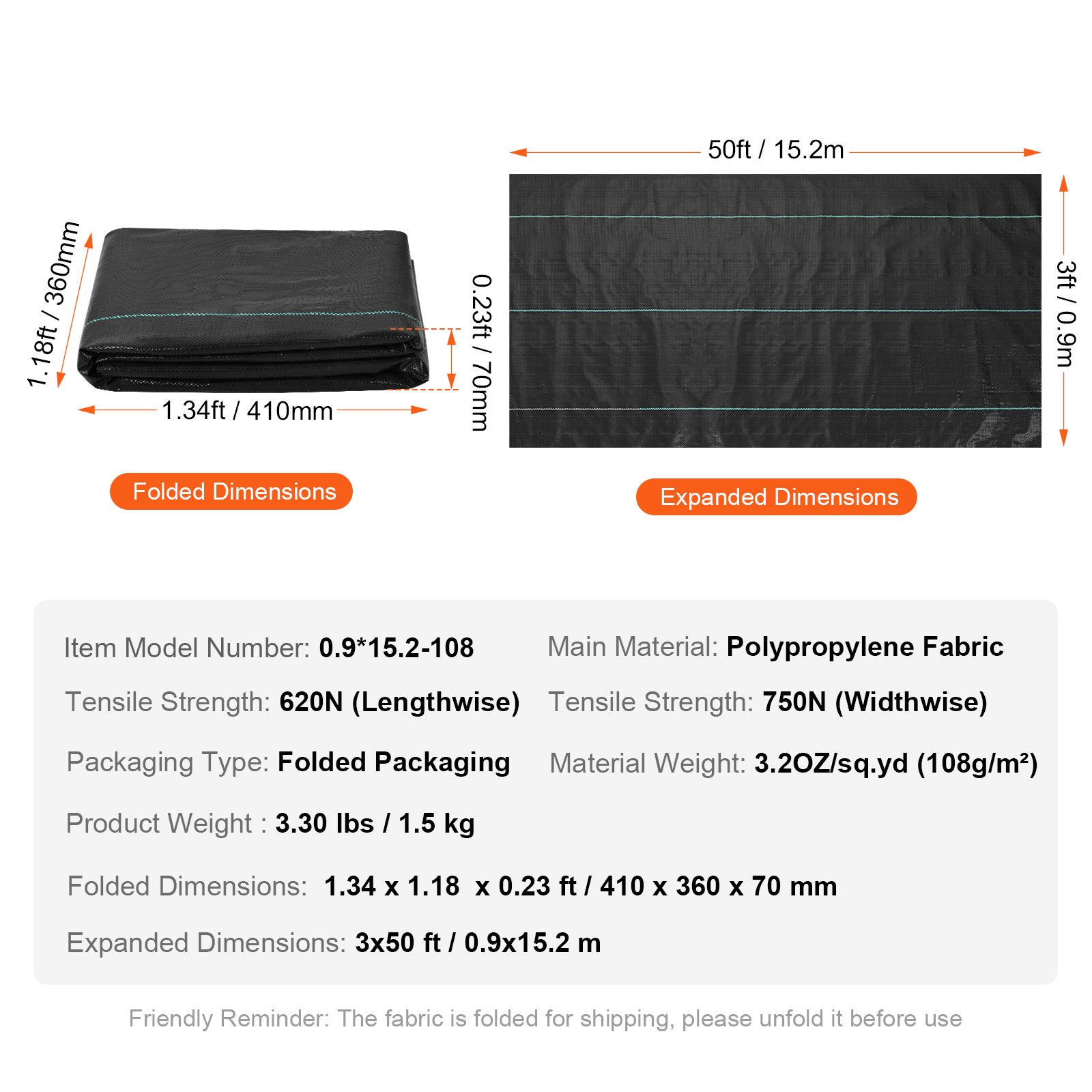VEVOR Telo Pacciamante Anti Erbacce 0,9x15,2 m Geotessile Tessuto Anti-Ricrescita delle Erbacce Sotto Ghiaia 108 g/m², Telo PP Permeabile Resistente agli Strappi per Paesaggistica, Copertura Terreno