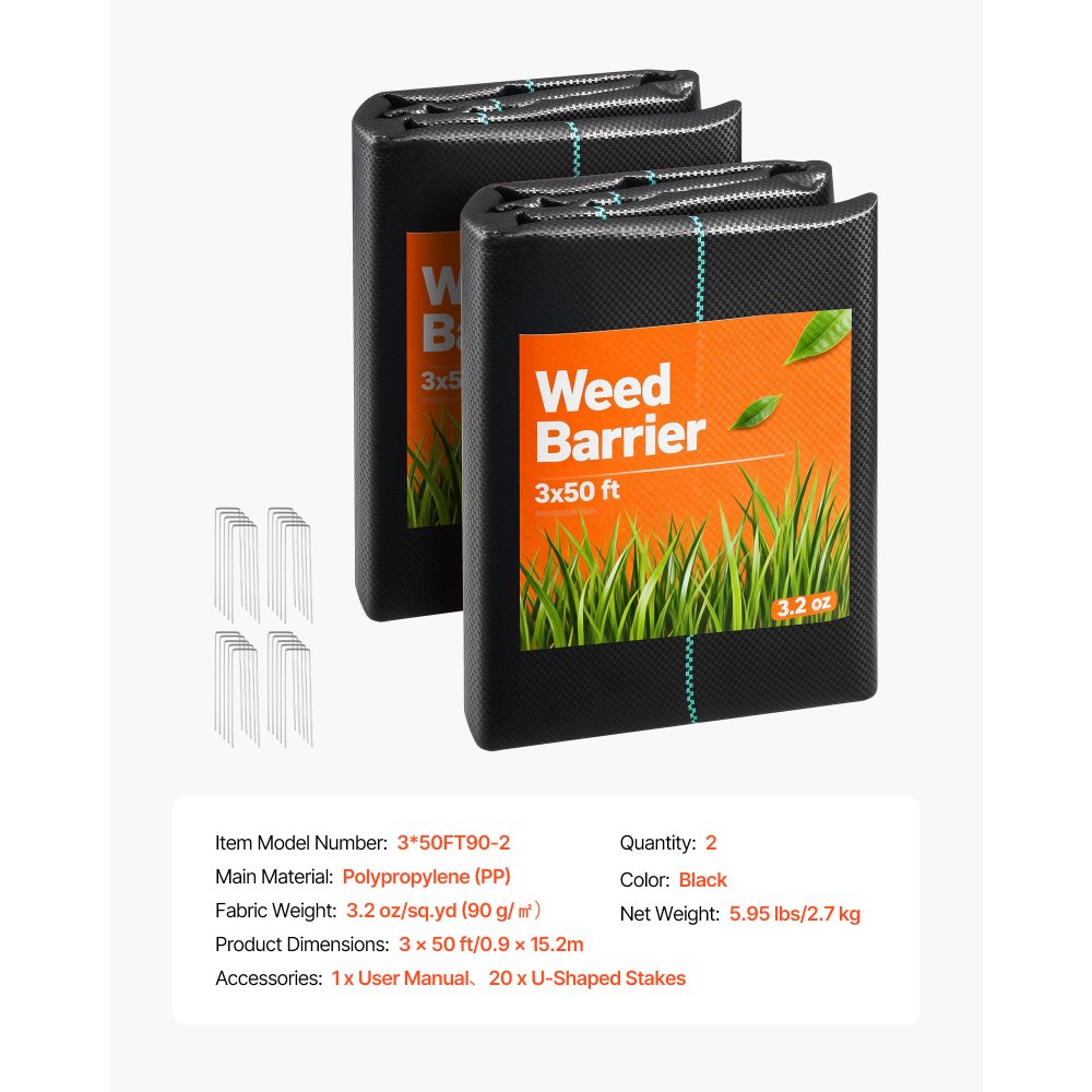 VEVOR Set Telo Pacciamante Anti Erbe Infestanti 2 pz 0,9 x 15,2 m, Tessuto Anti Erbacce da Giardino 90 g/m² in Polipropilene, Barriera Telo Pacciamante per Prato Serra Tessuto Anti Erbacce 2 pz