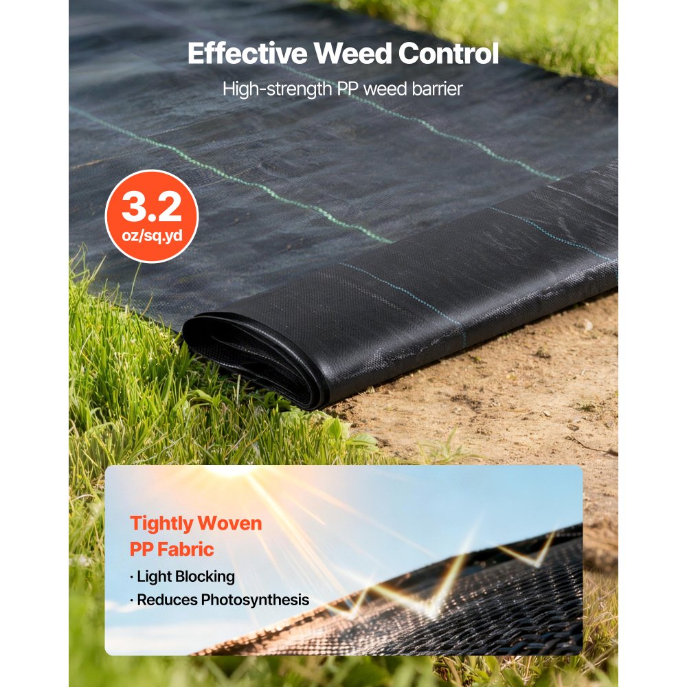 VEVOR Telo Anti Erbacce 2x 1,2x15,2 m Tessuto Pacciamante da Giardino 90 g/m², Tappetino Anti Erbacce in Polipropilene, Barriera Pacciamante per Serre, Giardino, Fattoria, Prato, Paesaggistica, Nero