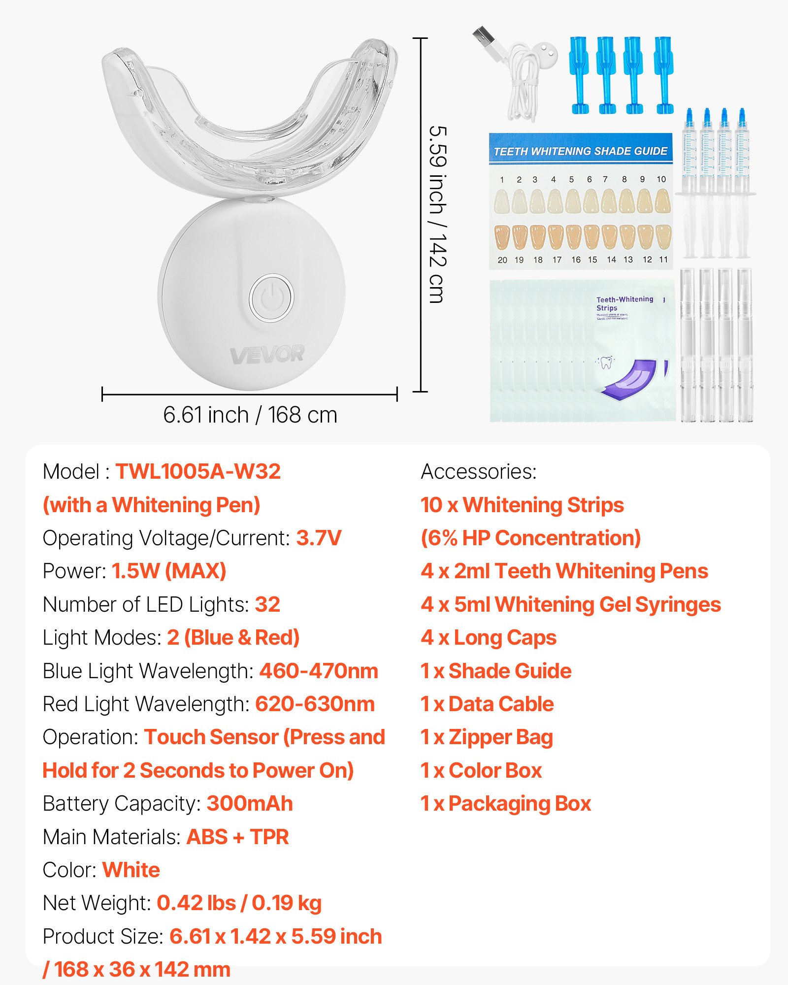 VEVOR Kit Sbiancante per Denti con Luce LED, 32 Luci Acceleratrici a LED, Siringa per Gel Sbiancante, Vassoio a U, Penne e Siringhe di Gel, Kit Portatile Wireless che Rimuove le Macchie Ostinate
