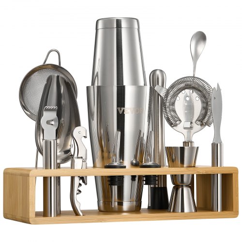 Set Shaker Cocktail Con Supporto Bambù - Kit Barista Completo Per Casa
