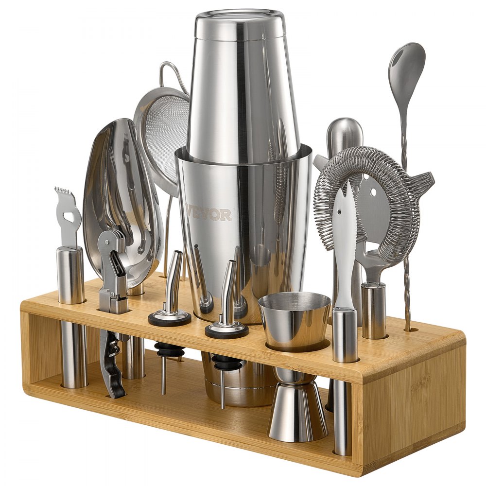 VEVOR Set Agitatore per Cocktail, 13 Pezzi Utensili in Acciaio Inox, Kit da Boston Barista con Supporto Bambù Cucchiaio Miscelatore, Pestello, Versatori per Liquori, Pinza Ghiaccio Argento