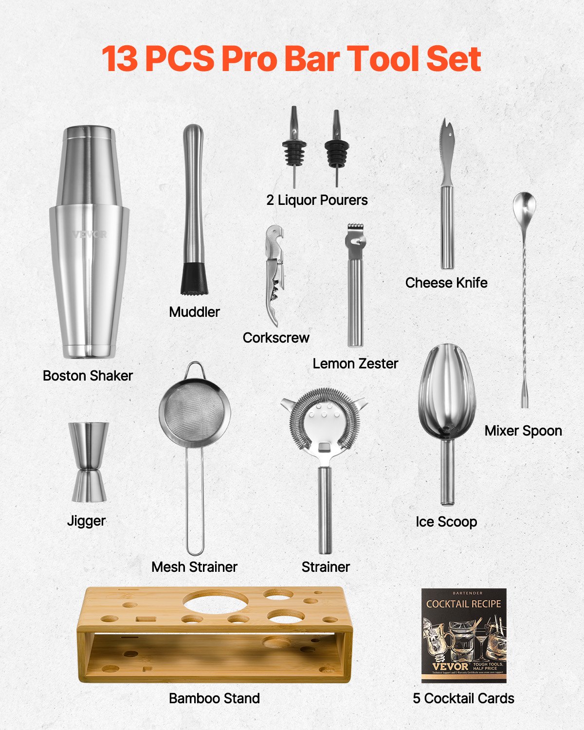 VEVOR Set Agitatore per Cocktail, 13 Pezzi Utensili in Acciaio Inox, Kit da Boston Barista con Supporto Bambù Cucchiaio Miscelatore, Pestello, Versatori per Liquori, Pinza Ghiaccio Argento