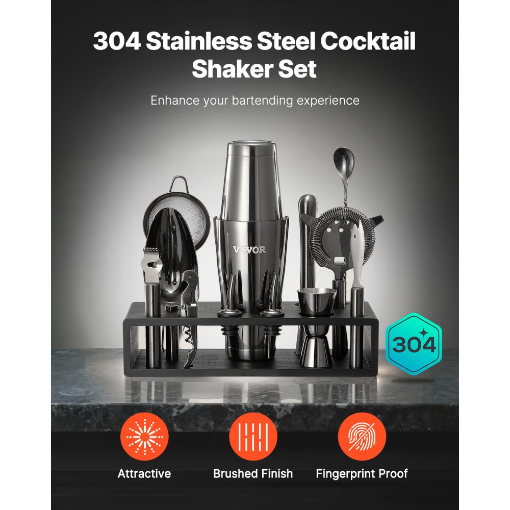 VEVOR Set Agitatore per Cocktail, 13 Pezzi Utensili in Acciaio Inox, Kit da Boston Barista con Supporto Bambù Cucchiaio per Miscelatore, Pestello, Versatori per Liquori, Pinza Ghiaccio
