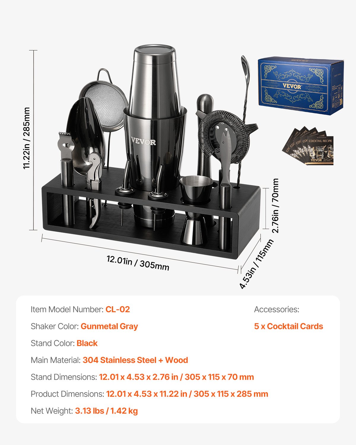 VEVOR Set Agitatore per Cocktail, 13 Pezzi Utensili in Acciaio Inox, Kit da Boston Barista con Supporto Bambù Cucchiaio per Miscelatore, Pestello, Versatori per Liquori, Pinza Ghiaccio