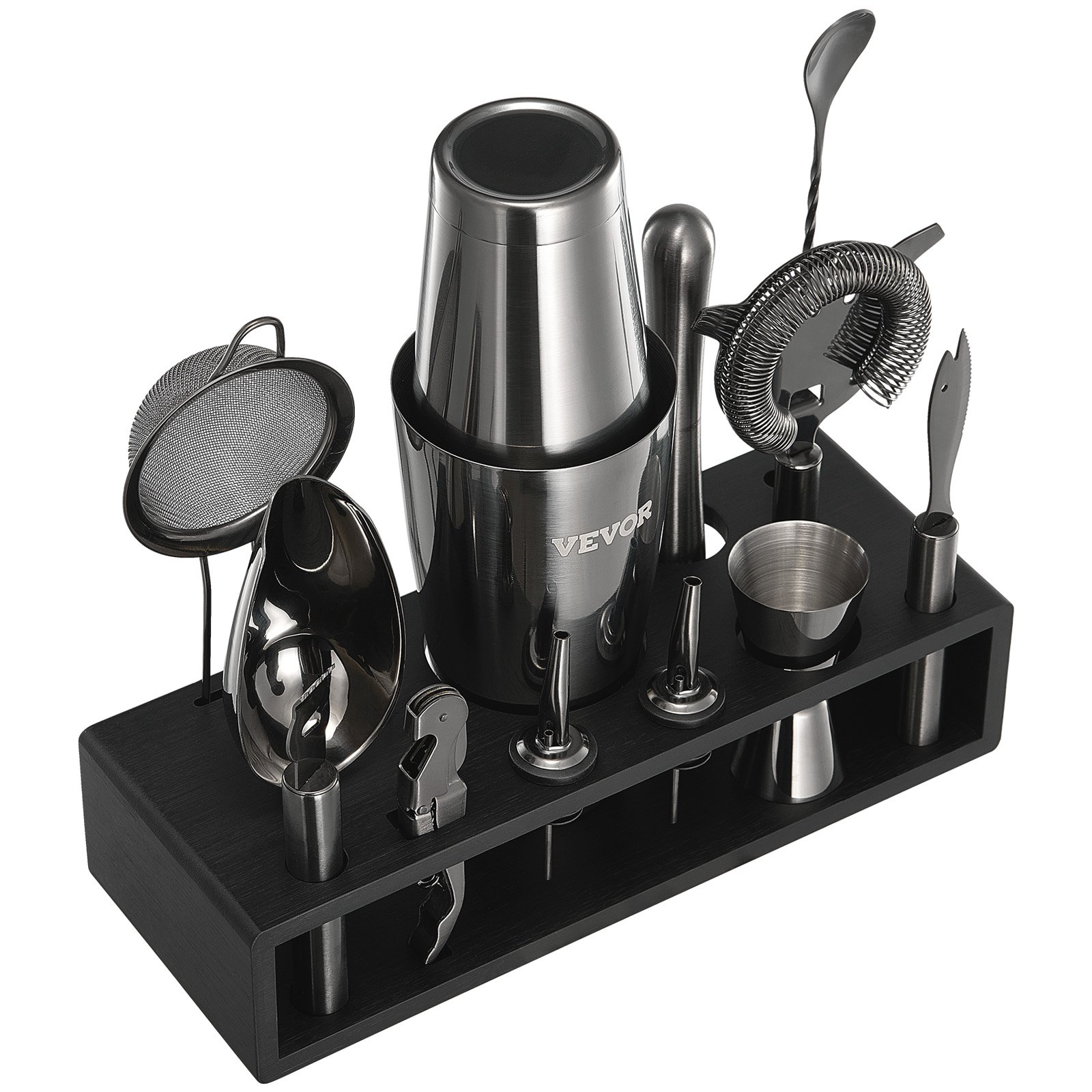 VEVOR Set Agitatore per Cocktail, 13 Pezzi Utensili in Acciaio Inox, Kit da Boston Barista con Supporto Bambù Cucchiaio per Miscelatore, Pestello, Versatori per Liquori, Pinza Ghiaccio