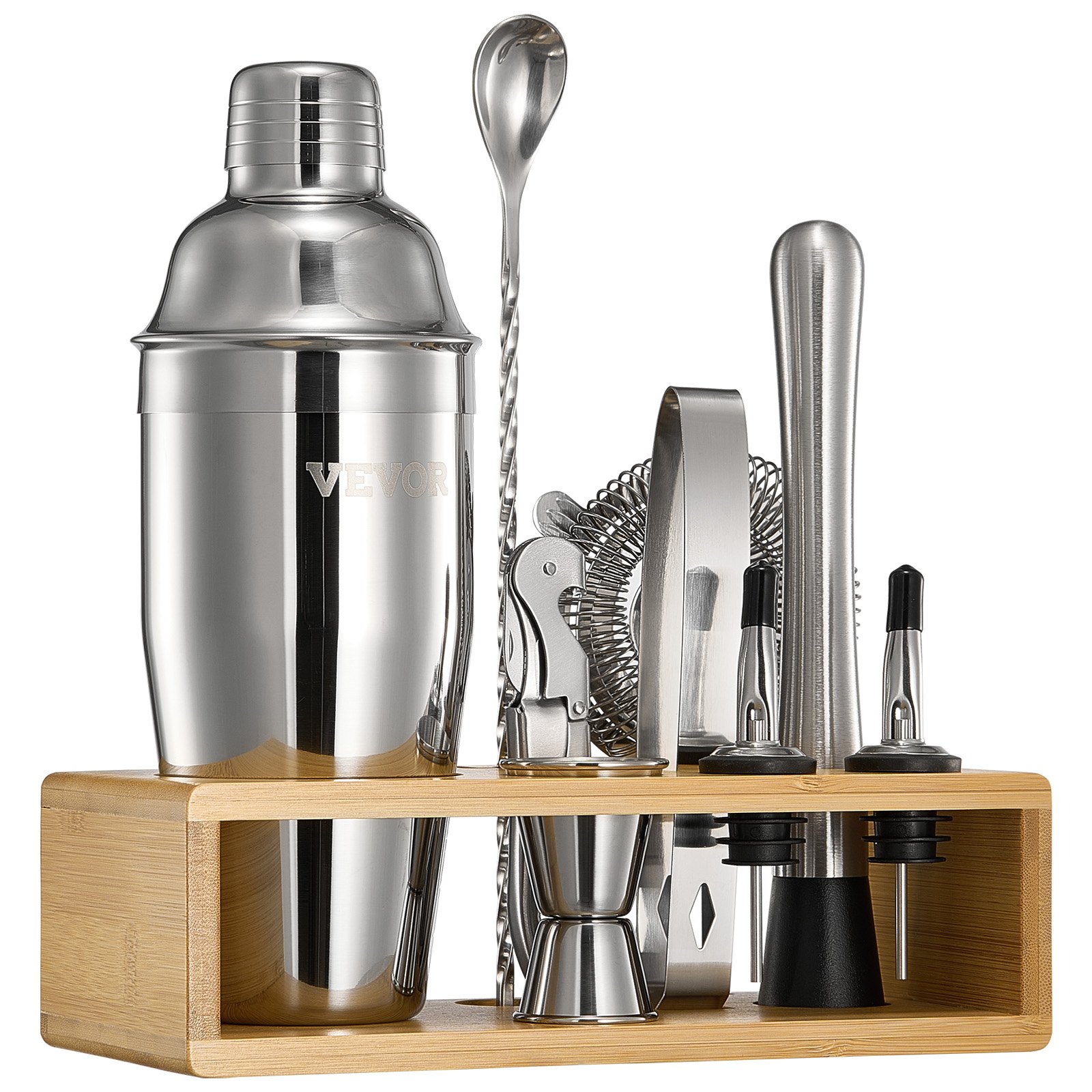 VEVOR Set Agitatore per Cocktail, 10 Pezzi Utensili in Acciaio Inox, Kit Barista Martini con Supporto Bambù Cucchiaio per Miscelatore, Pestello, Versatori per Liquori, Pinza per Ghiaccio