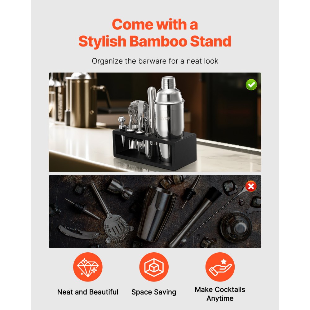 VEVOR Set Agitatore per Cocktail, 13 Pezzi Utensili in Acciaio Inox , Kit Barista Martini con Supporto Bambù Cucchiaio per Miscelatore, Pestello, Colino, Versatori per Liquori, Pinza per Ghiaccio