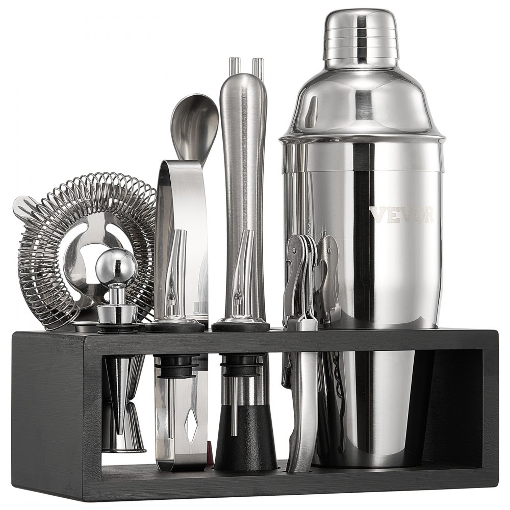 VEVOR Set Agitatore per Cocktail, 13 Pezzi Utensili in Acciaio Inox , Kit Barista Martini con Supporto Bambù Cucchiaio per Miscelatore, Pestello, Colino, Versatori per Liquori, Pinza per Ghiaccio