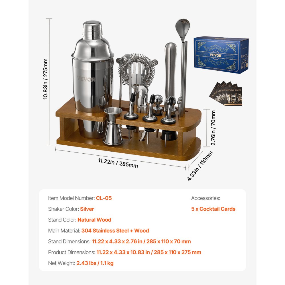 VEVOR Agitatore per Cocktail, 18 Pezzi Utensili in Acciaio Inox , Kit da Barista Martini con Supporto Bambù Cucchiaio per Miscelatore, Pestello, Colino, Versatori per Liquori, Pinza per Ghiaccio