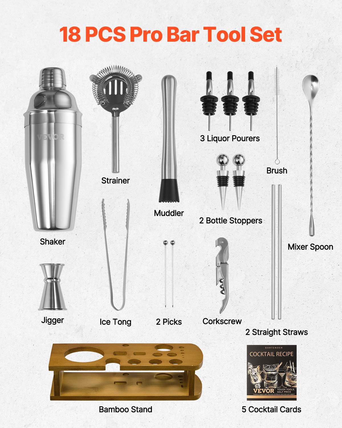 VEVOR Cocktail Shaker Set, 18-Piece Stainless Steel Bar Tool Set with Bamboo Stand, Martini Bartender Set | Mixer Spoon, Muddler, Measuring Cup, Strainer, Liquor Pourer, Ice Tongs, Corkscrew, Silver