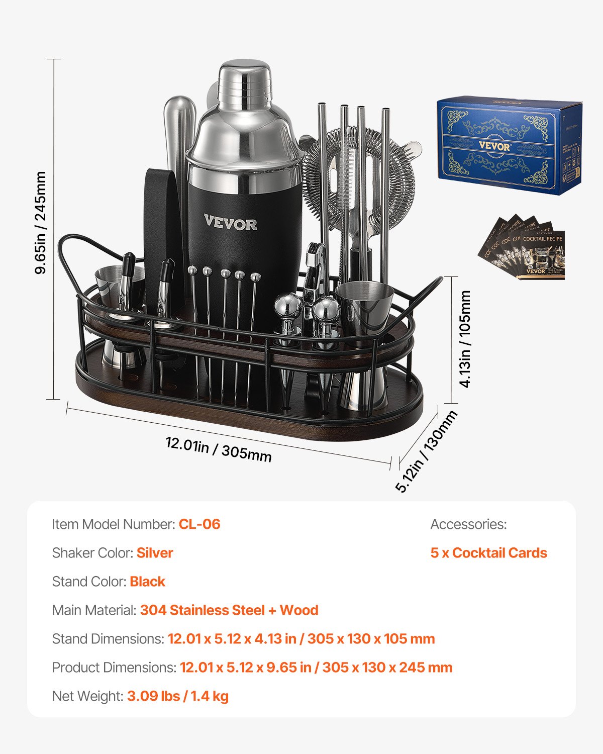 VEVOR Agitatore per Cocktail Set, 23 Pezzi Utensili in Acciaio Inox, Kit Barista Martini con Supporto Bambù Cucchiaio per Miscelatore, Pestello, Colino, Versatori per Liquori, Pinza per Ghiaccio