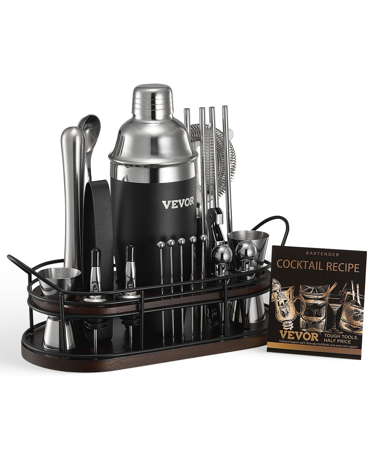 VEVOR Agitatore per Cocktail Set, 23 Pezzi Utensili in Acciaio Inox, Kit Barista Martini con Supporto Bambù Cucchiaio per Miscelatore, Pestello, Colino, Versatori per Liquori, Pinza per Ghiaccio