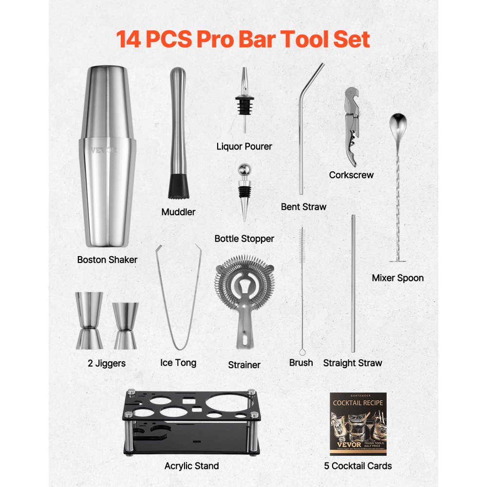 VEVOR Cocktail Shaker 14-Piece Stainless Steel Bar Tool Set with Acrylic Stand, Boston Bartender Set Accessories: Mixer Spoon, Muddler, Measuring Cup, Strainer, Liquor Pourer, Ice Tongs, Corkscrew, Silver