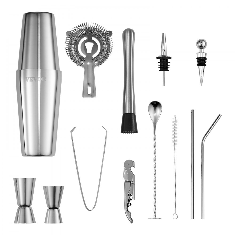 VEVOR Cocktail Shaker 14-Piece Stainless Steel Bar Tool Set with Acrylic Stand, Boston Bartender Set Accessories: Mixer Spoon, Muddler, Measuring Cup, Strainer, Liquor Pourer, Ice Tongs, Corkscrew, Silver