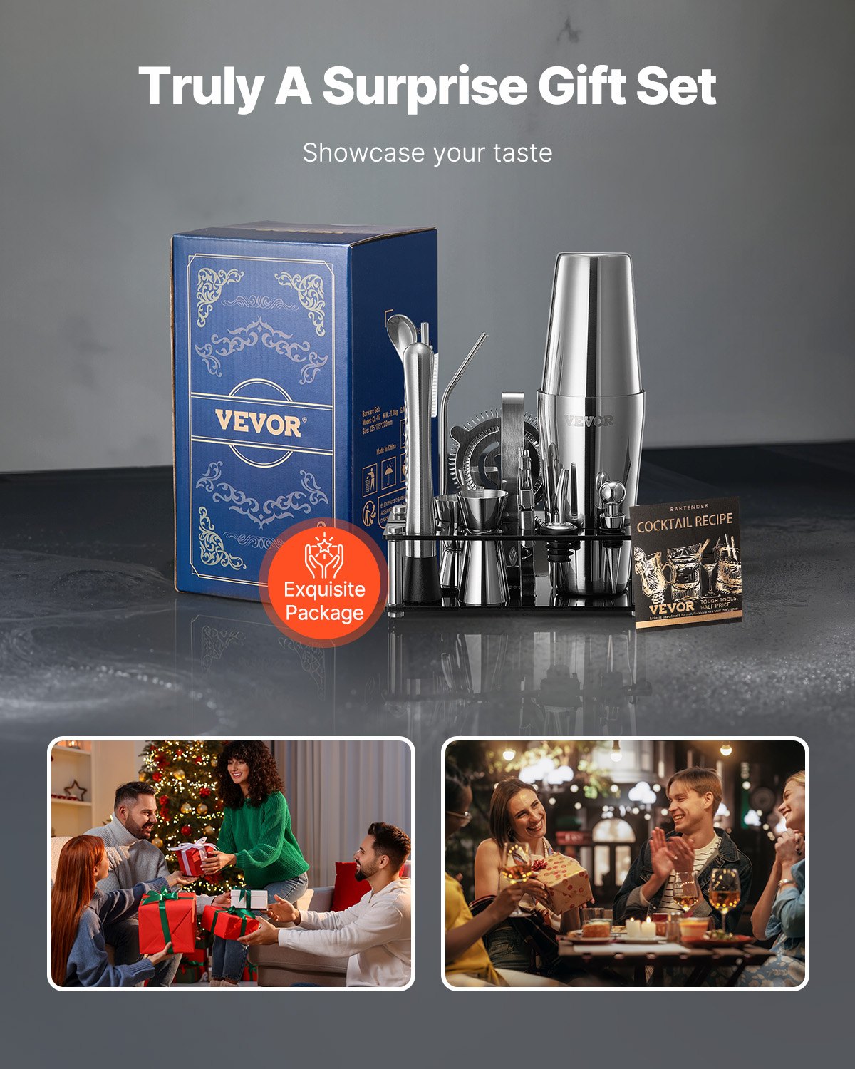 VEVOR Cocktail Shaker 14-Piece Stainless Steel Bar Tool Set with Acrylic Stand, Boston Bartender Set Accessories: Mixer Spoon, Muddler, Measuring Cup, Strainer, Liquor Pourer, Ice Tongs, Corkscrew, Silver