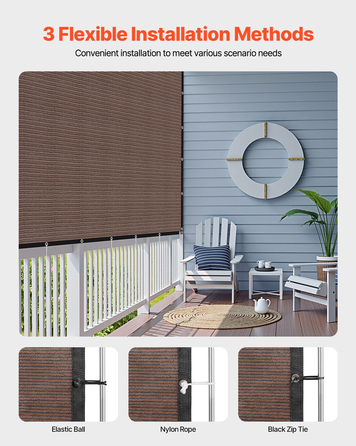 VEVOR 90% Sun Protection Fabric, Privacy Screen, Shade Cover (244 x 366 cm) for Pergola with Stainless Steel Eyelets, Sun Sail Fabric with 140 g/m² HDPE Material, for Outdoor Terrace, Garden, Backyard (Brown)
