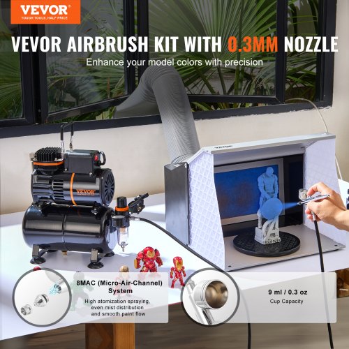 Kit Aerografo Completo Carry III Con Compressore A Sensore Touch, Aeropenna Singola Azione 0.3 Mm, 4 Colori E Stencil