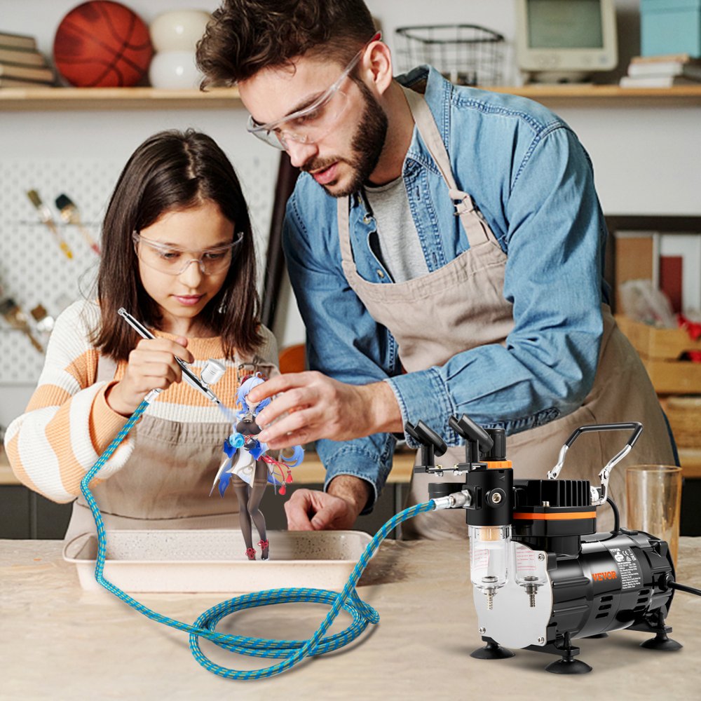 VEVOR Kit Compressore a Doppia Azione Potenza 120 W, Pistola Aerografo Velocità del Flusso da 18-23 L/min con Kit Aerografo da 0.2/0.3/0.8 mm, Adatto a Principianti, Studenti e Artisti Avanzati, ecc.